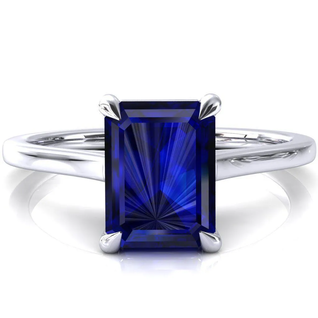 Lizzy Emerald Blue Sapphire 4 Claw Prong Cathedral Engagement Ring