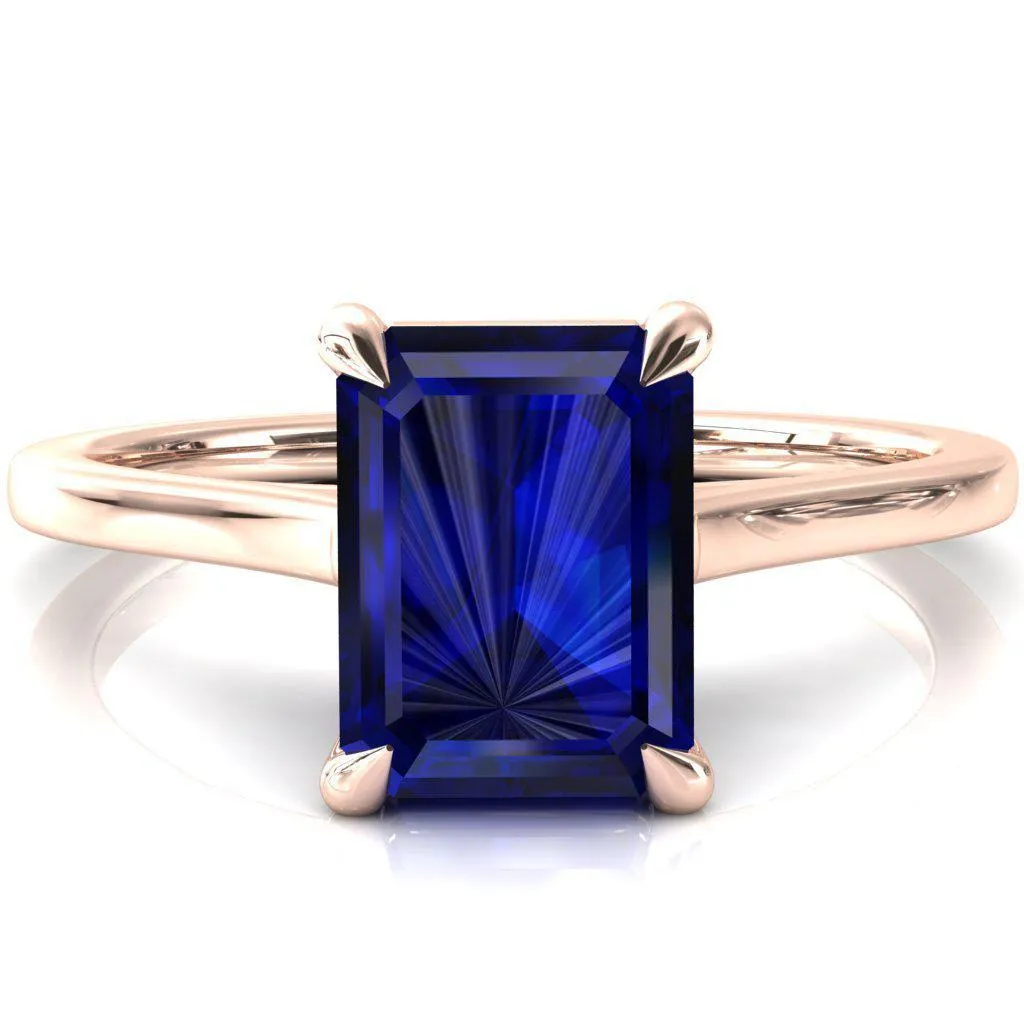 Lizzy Emerald Blue Sapphire 4 Claw Prong Cathedral Engagement Ring