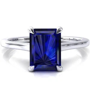 Lizzy Emerald Blue Sapphire 4 Claw Prong Cathedral Engagement Ring