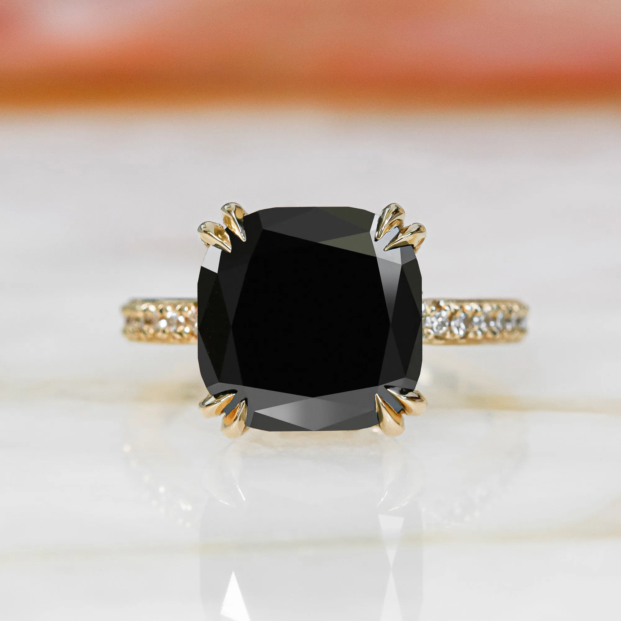 Magellanic Cloud  Art Deco  Natural Black Diamond Cushion Engagement Ring