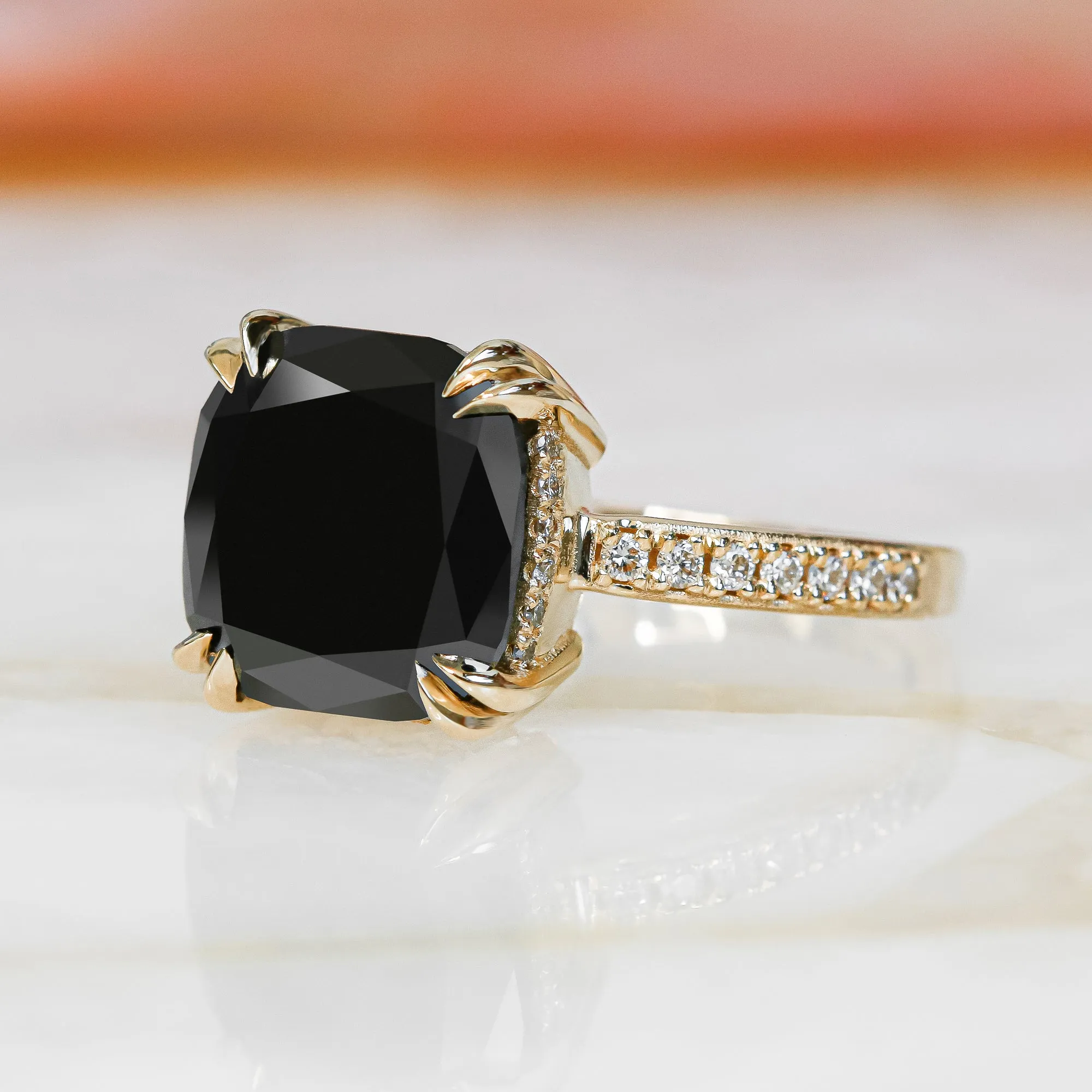 Magellanic Cloud  Art Deco  Natural Black Diamond Cushion Engagement Ring