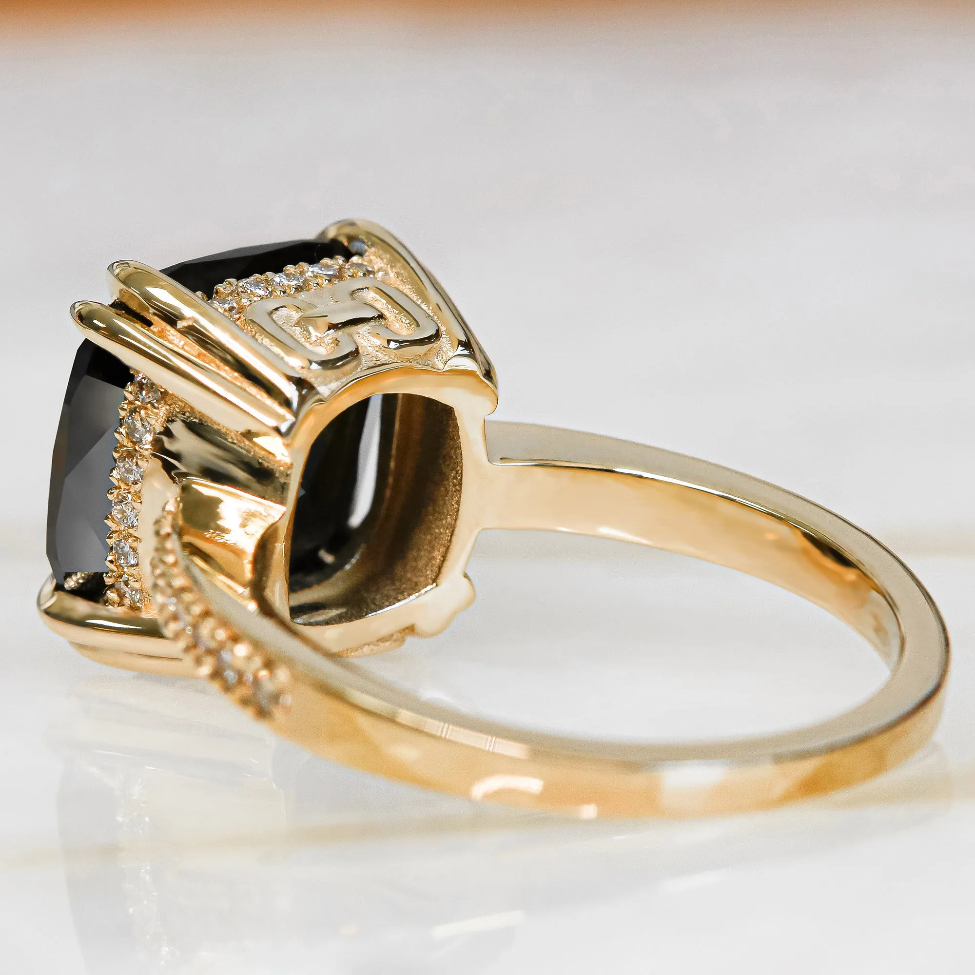 Magellanic Cloud  Art Deco  Natural Black Diamond Cushion Engagement Ring
