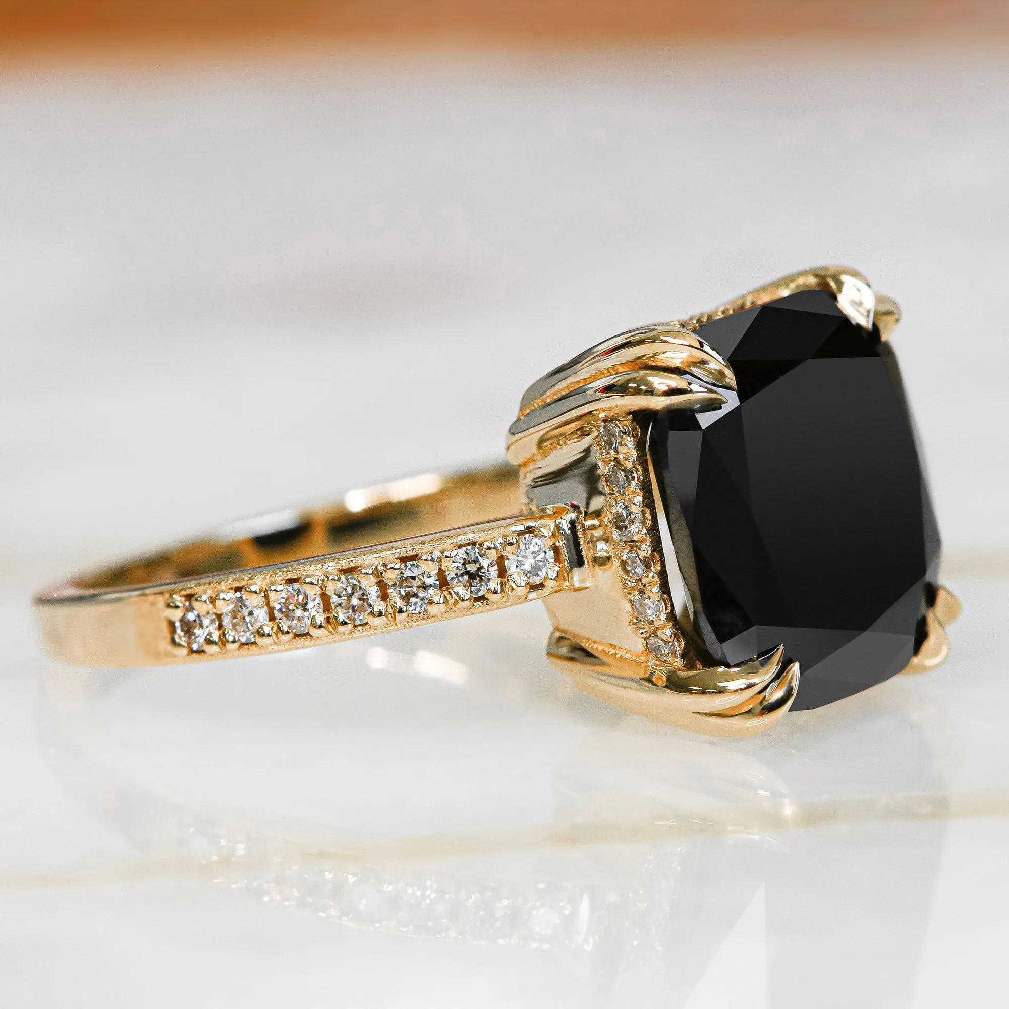 Magellanic Cloud  Art Deco  Natural Black Diamond Cushion Engagement Ring