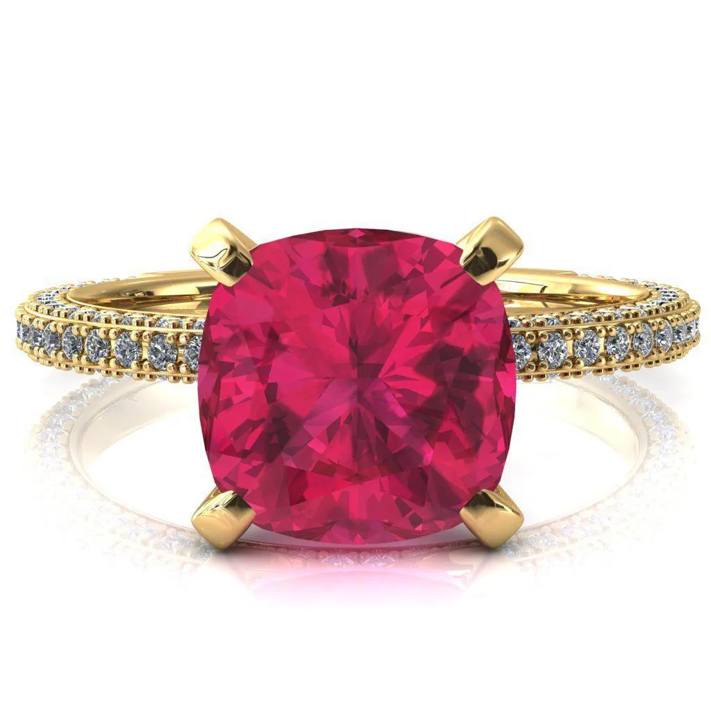 Mariyah Cushion Ruby 4 Prong 3/4 Eternity 3 Sided Diamond Shank Engagement Ring
