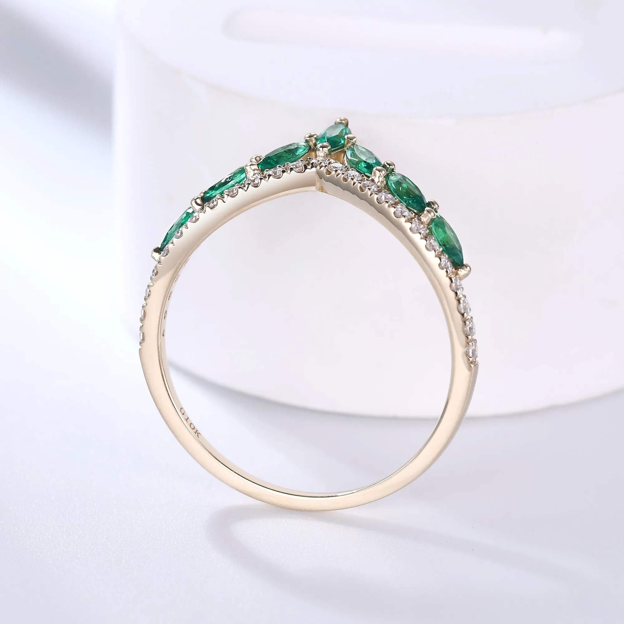 Marquise Emerald Curved Wedding Band Yellow Gold Moissanite Ring