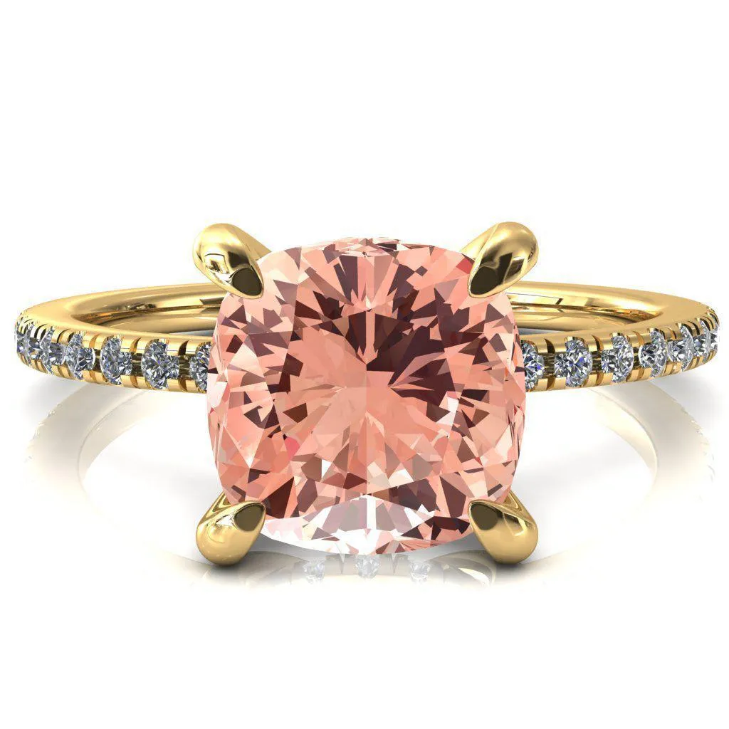 Mayeli Cushion Champagne Sapphire 4 Claw Prong Micro Pave Diamond Sides Engagement Ring