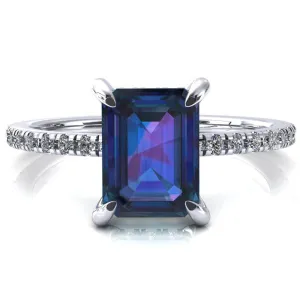 Mayeli Emerald Alexandrite 4 Claw Prong Micro Pave Diamond Sides Engagement Ring
