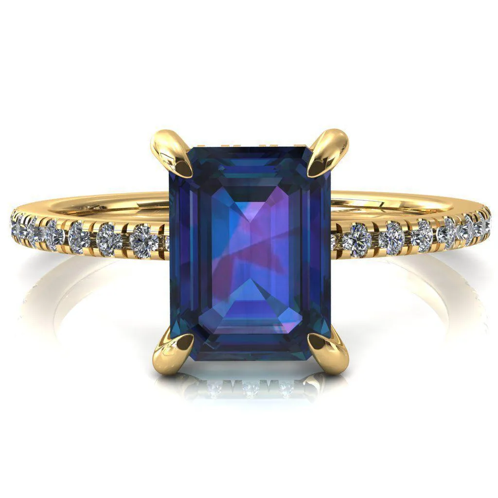 Mayeli Emerald Alexandrite 4 Claw Prong Micro Pave Diamond Sides Engagement Ring
