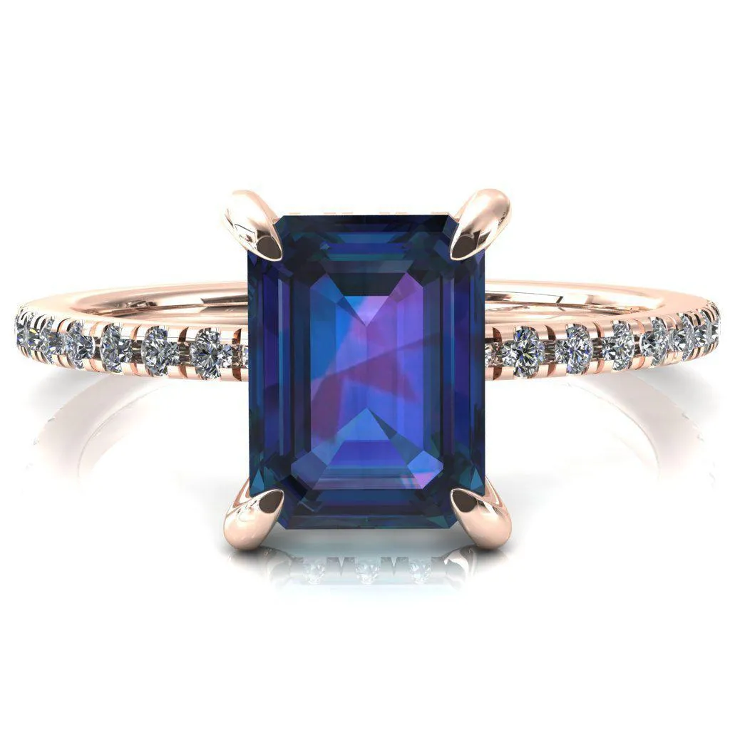Mayeli Emerald Alexandrite 4 Claw Prong Micro Pave Diamond Sides Engagement Ring