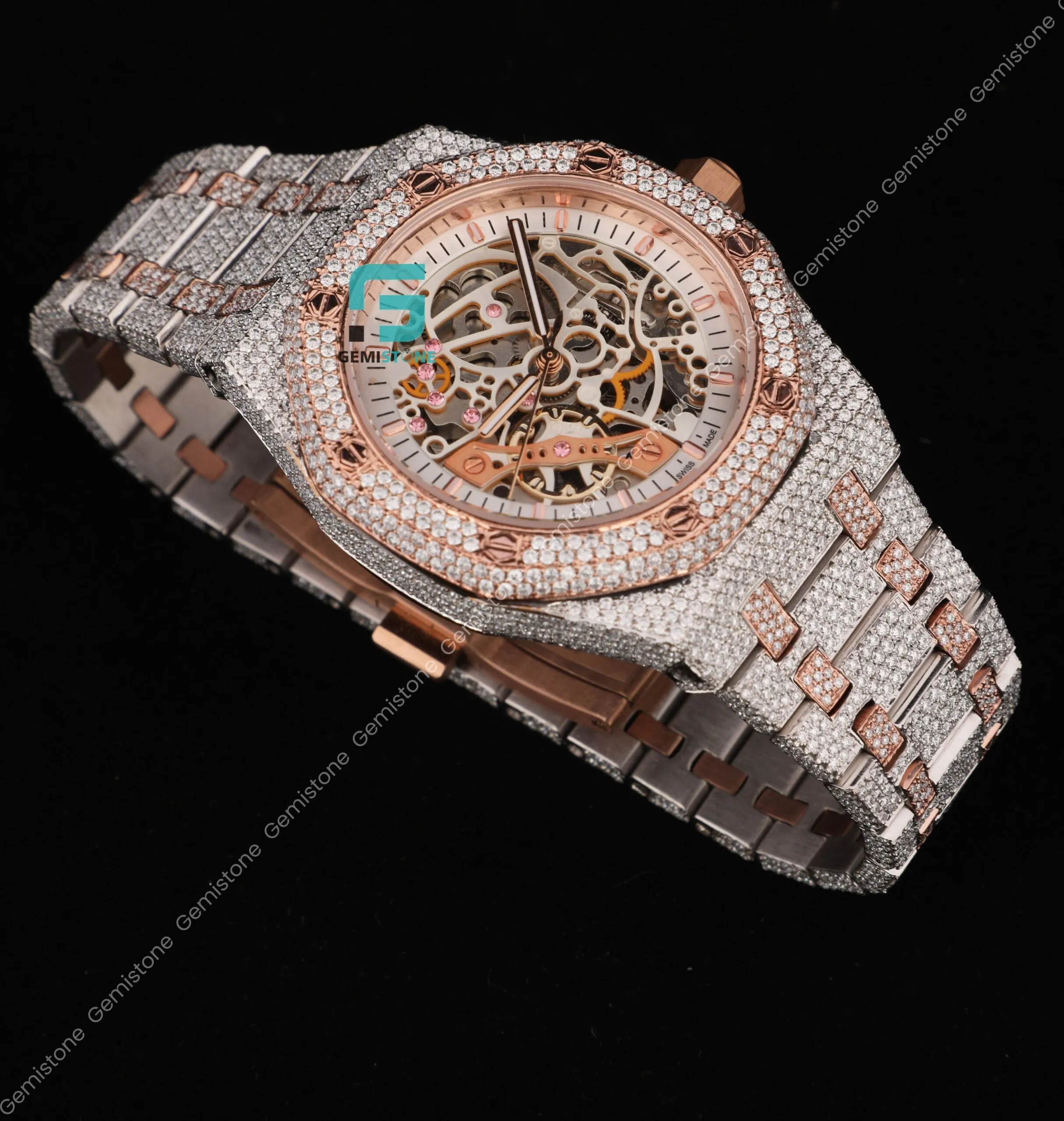 Men's 41MM Fully Studded Moissanite Iced Out Skeleton Watch