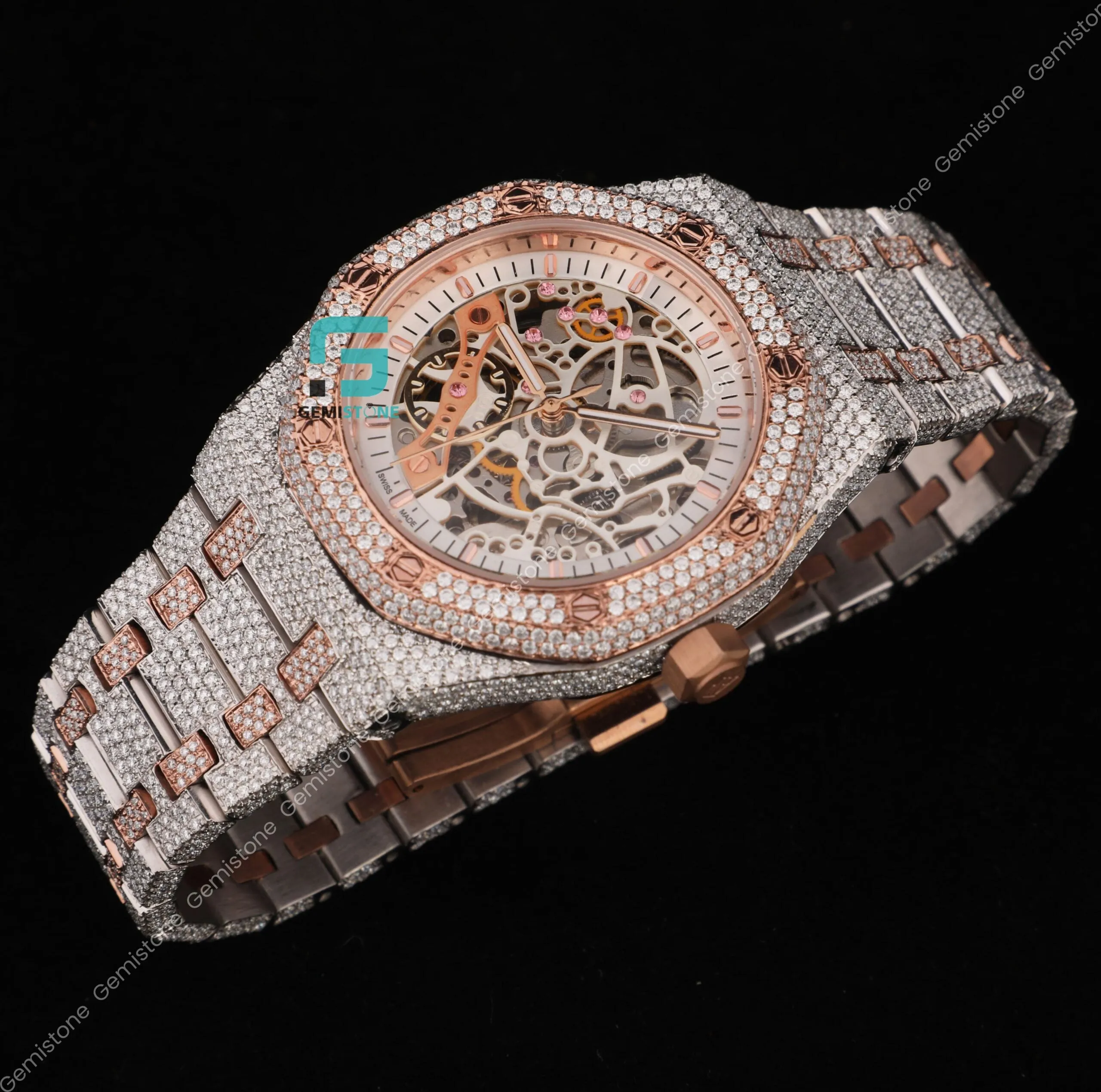 Men's 41MM Fully Studded Moissanite Iced Out Skeleton Watch