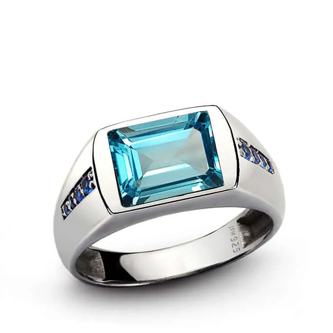 Men's Classic Ring with Accent Sapphires and 3.40ct Gemstone