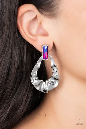 Metro Meltdown - Pink - Emerald Cut Iridescent Rhinestone Warped Hoop Paparazzi Post Earrings