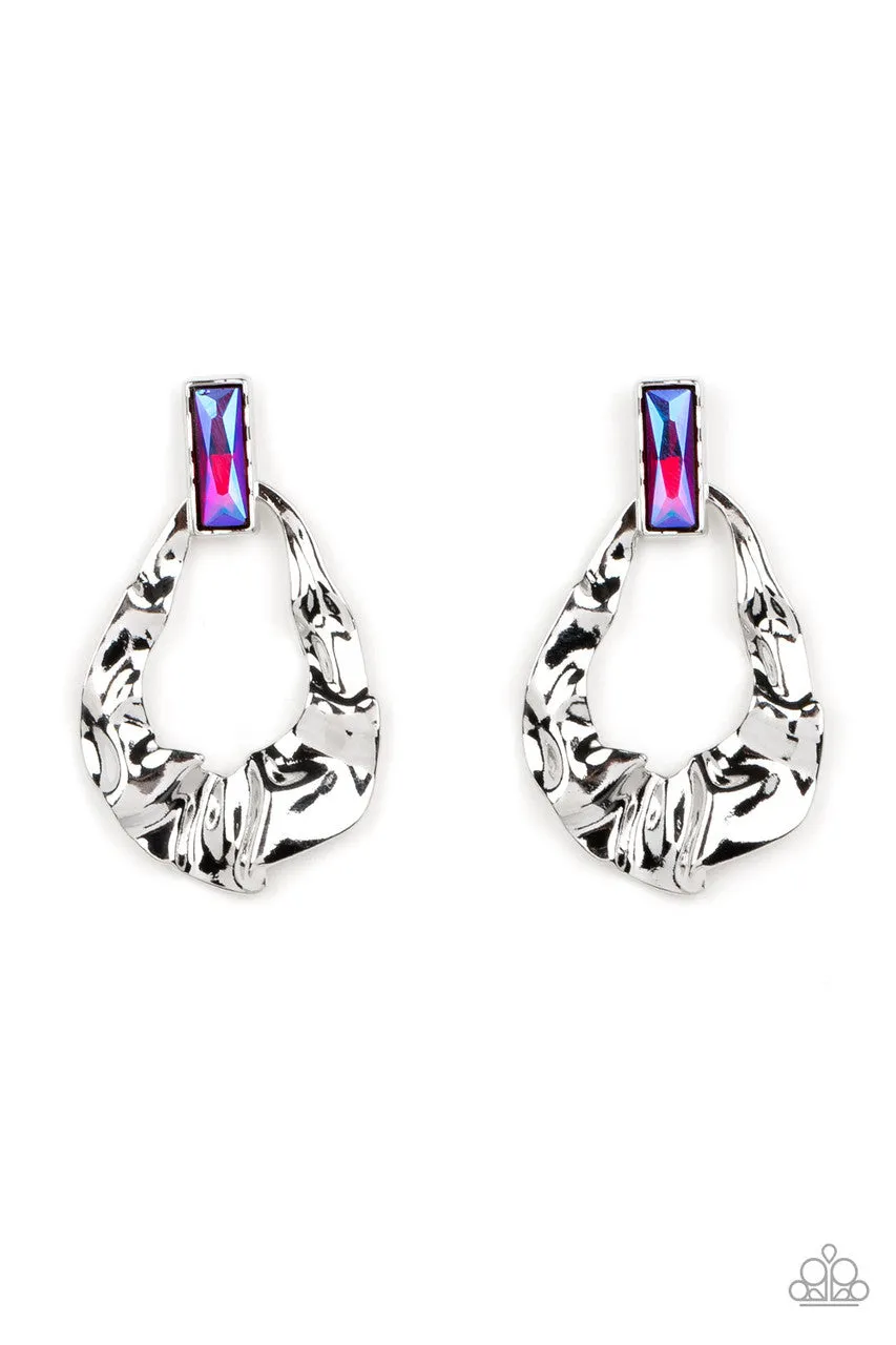 Metro Meltdown - Pink - Emerald Cut Iridescent Rhinestone Warped Hoop Paparazzi Post Earrings