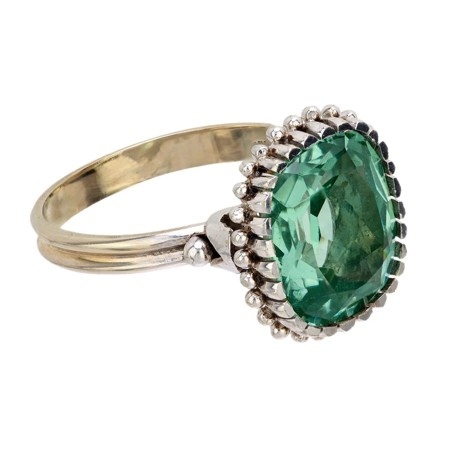 Mid Century 7 carat green beryl 18k white gold cocktail ring