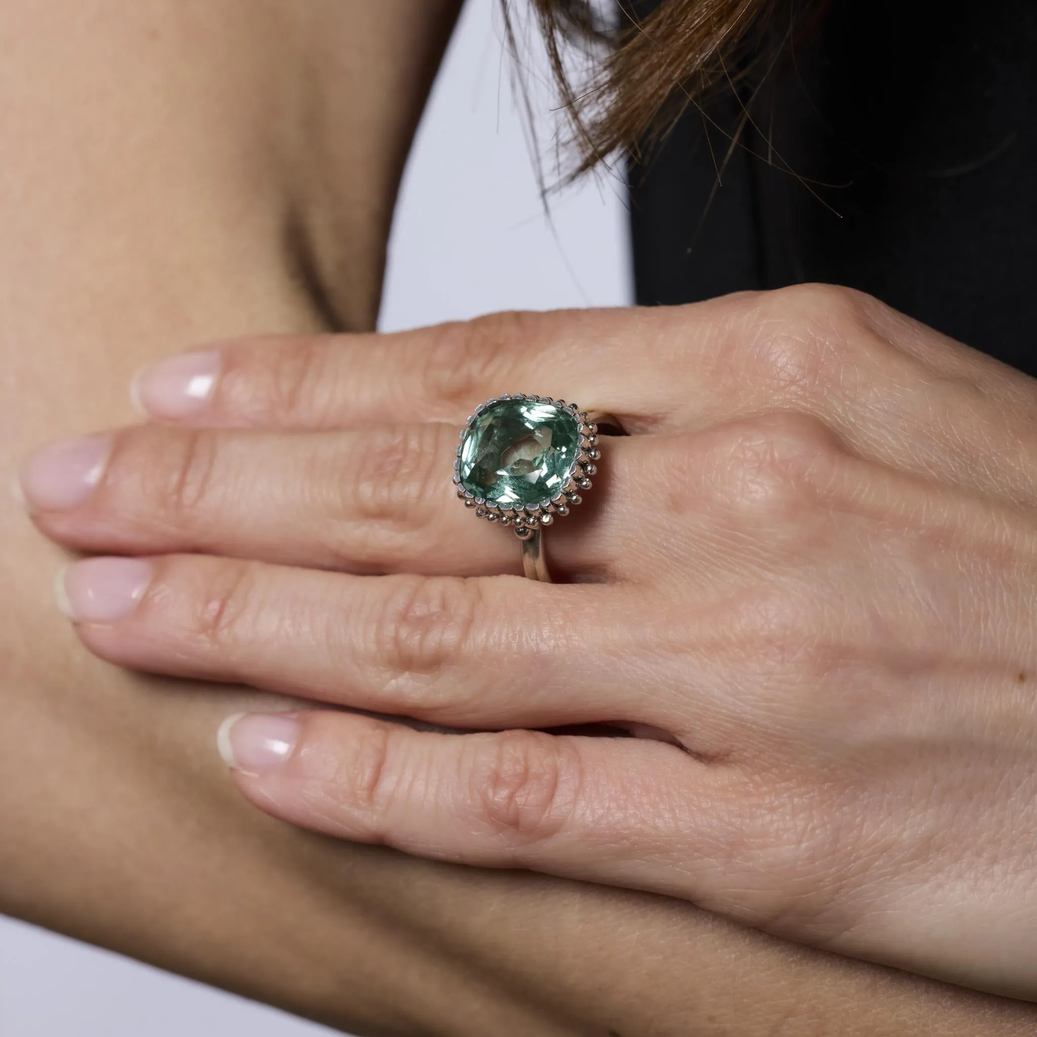 Mid Century 7 carat green beryl 18k white gold cocktail ring