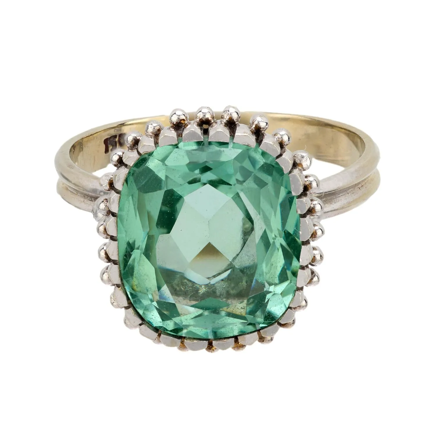 Mid Century 7 carat green beryl 18k white gold cocktail ring