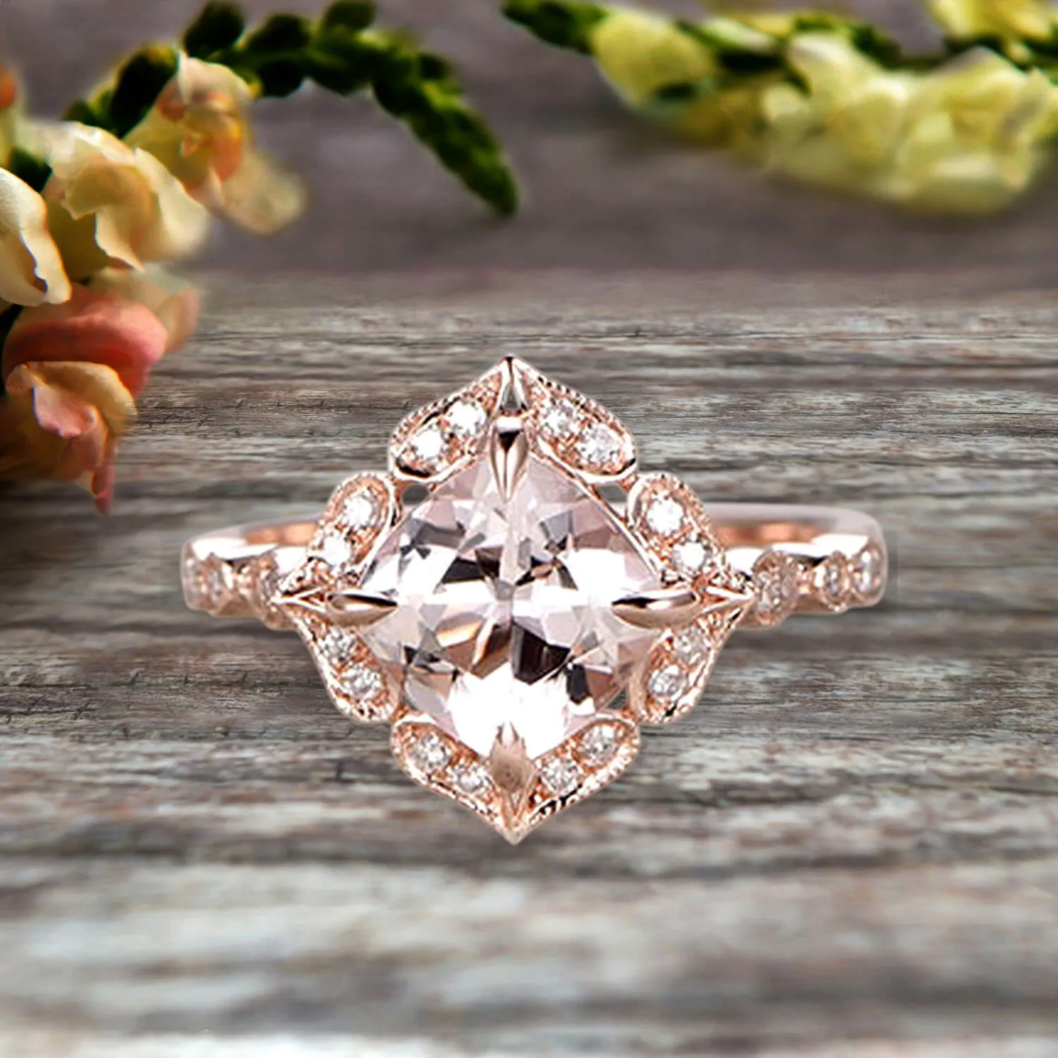 Milgrain Cushion Cut Morganite Engagement Ring 1.25 Carat Glaring Wedding Ring 10k Rose Gold Floral Art Deco