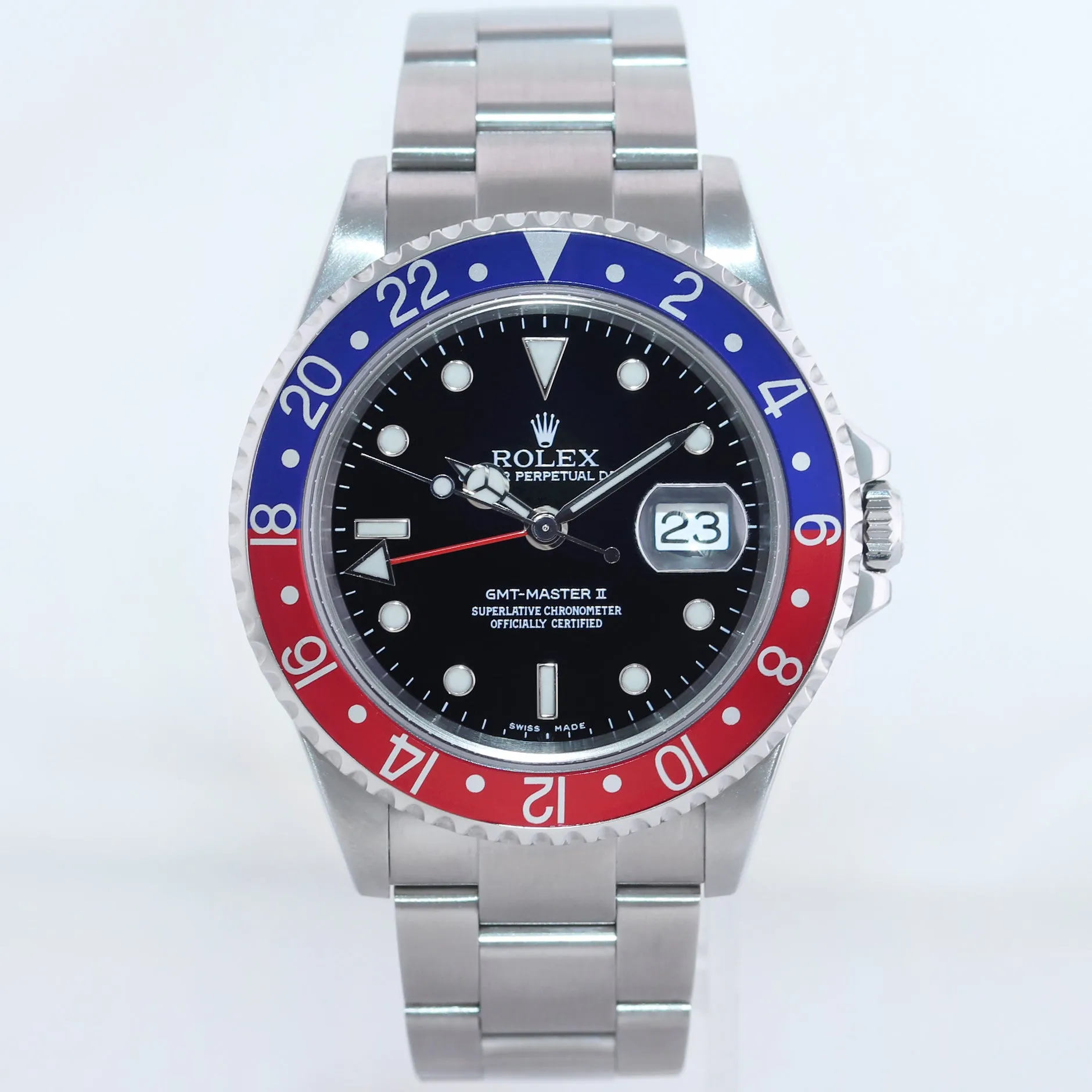 MINT 2005 Rolex GMT-Master II Pepsi Steel Blue Red 40mm NO Holes 16710 Watch Box