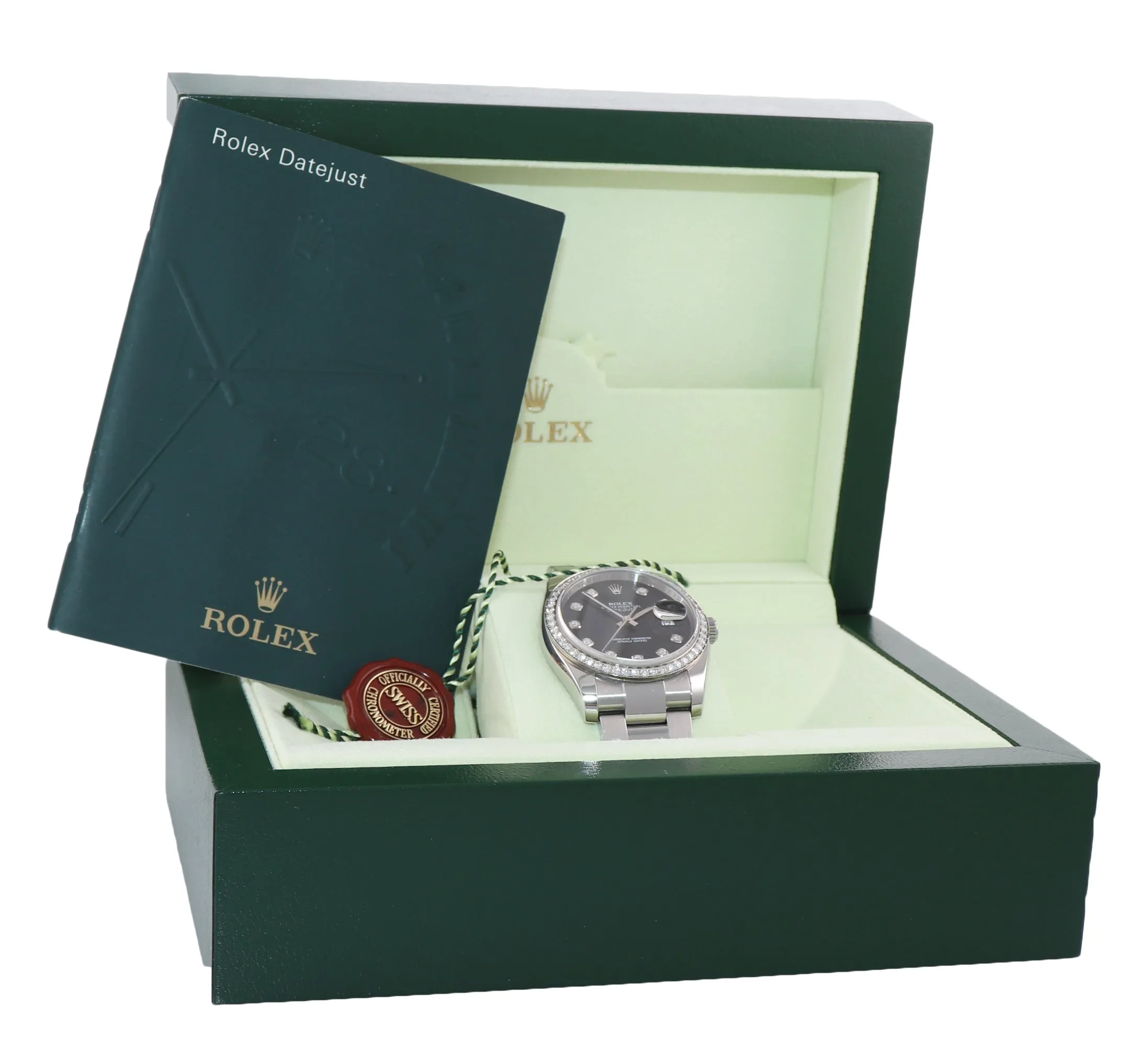 MINT 2015 Rolex DateJust 116244 Black ORIGINAL Diamond Bezel 36mm Steel Watch