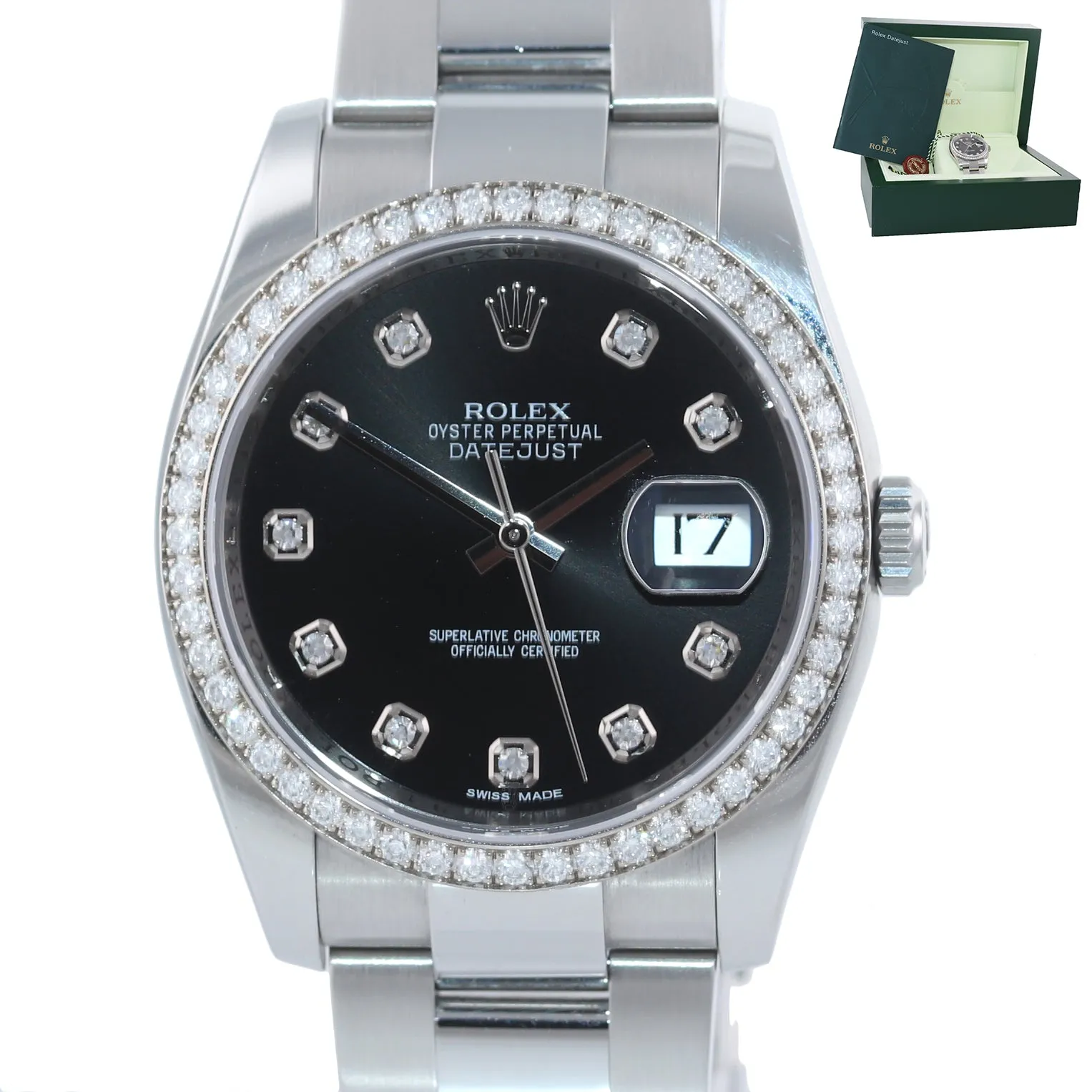 MINT 2015 Rolex DateJust 116244 Black ORIGINAL Diamond Bezel 36mm Steel Watch