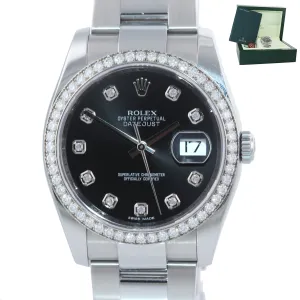 MINT 2015 Rolex DateJust 116244 Black ORIGINAL Diamond Bezel 36mm Steel Watch