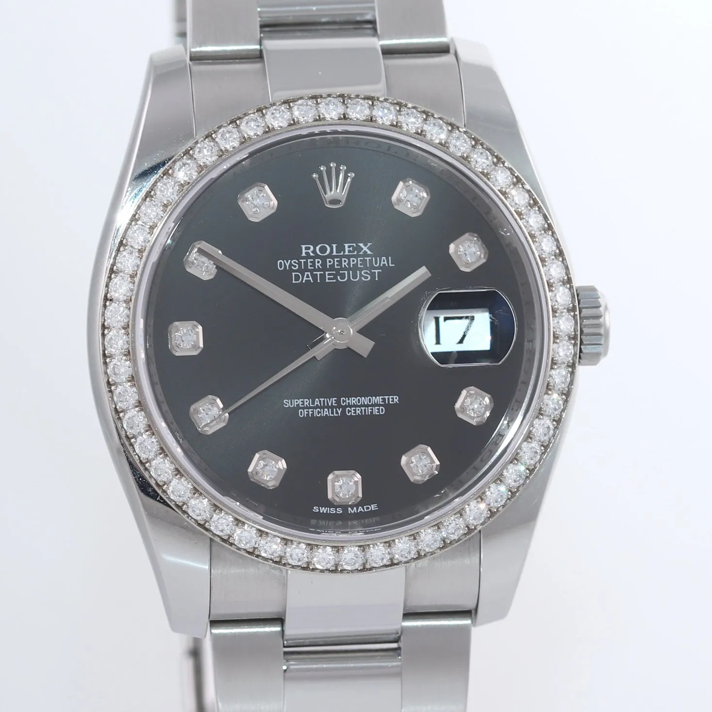 MINT 2015 Rolex DateJust 116244 Black ORIGINAL Diamond Bezel 36mm Steel Watch