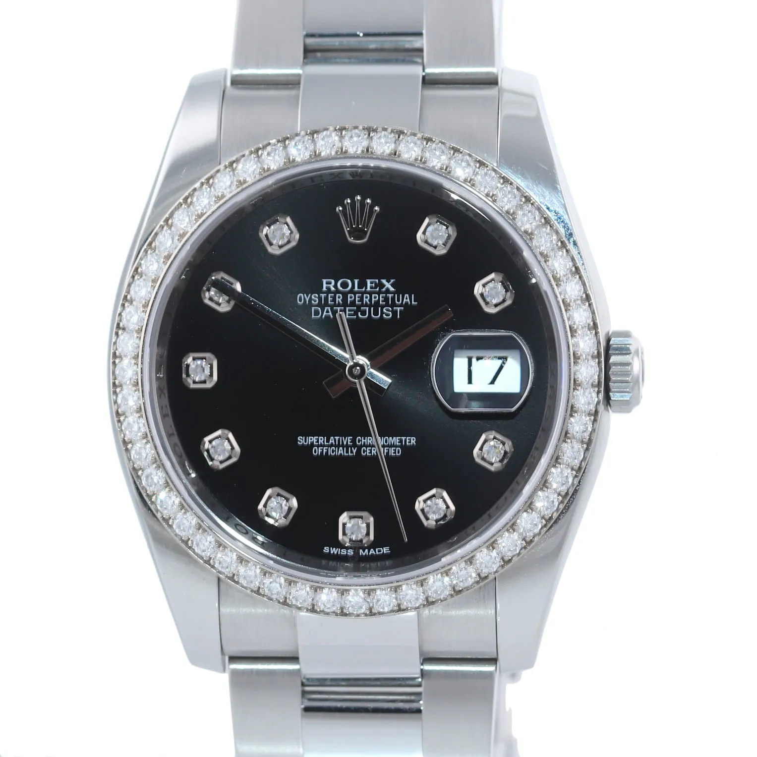 MINT 2015 Rolex DateJust 116244 Black ORIGINAL Diamond Bezel 36mm Steel Watch