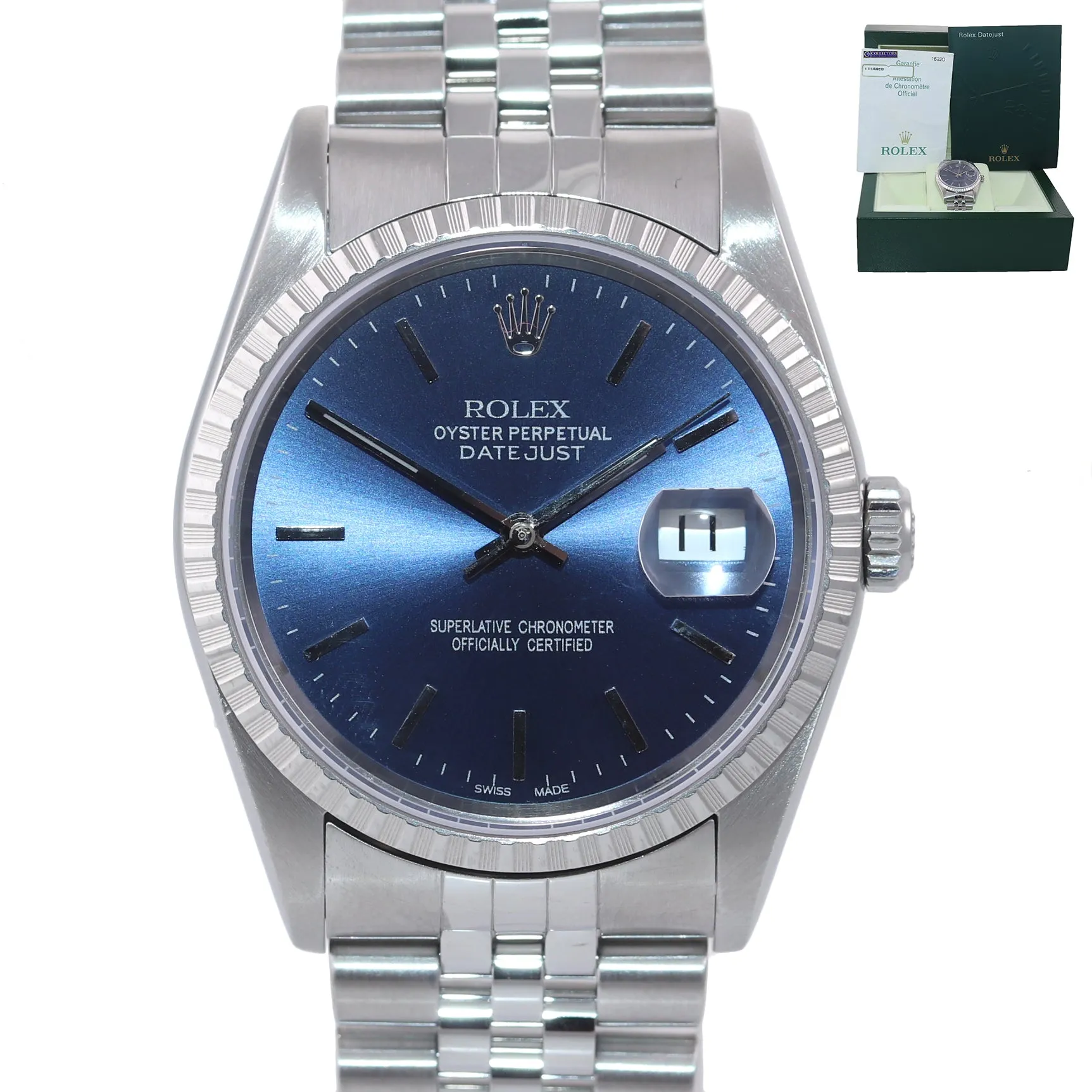 MINT PAPERS Rolex DateJust 36mm 16220 Steel Blue Stick Jubilee Date Watch Box