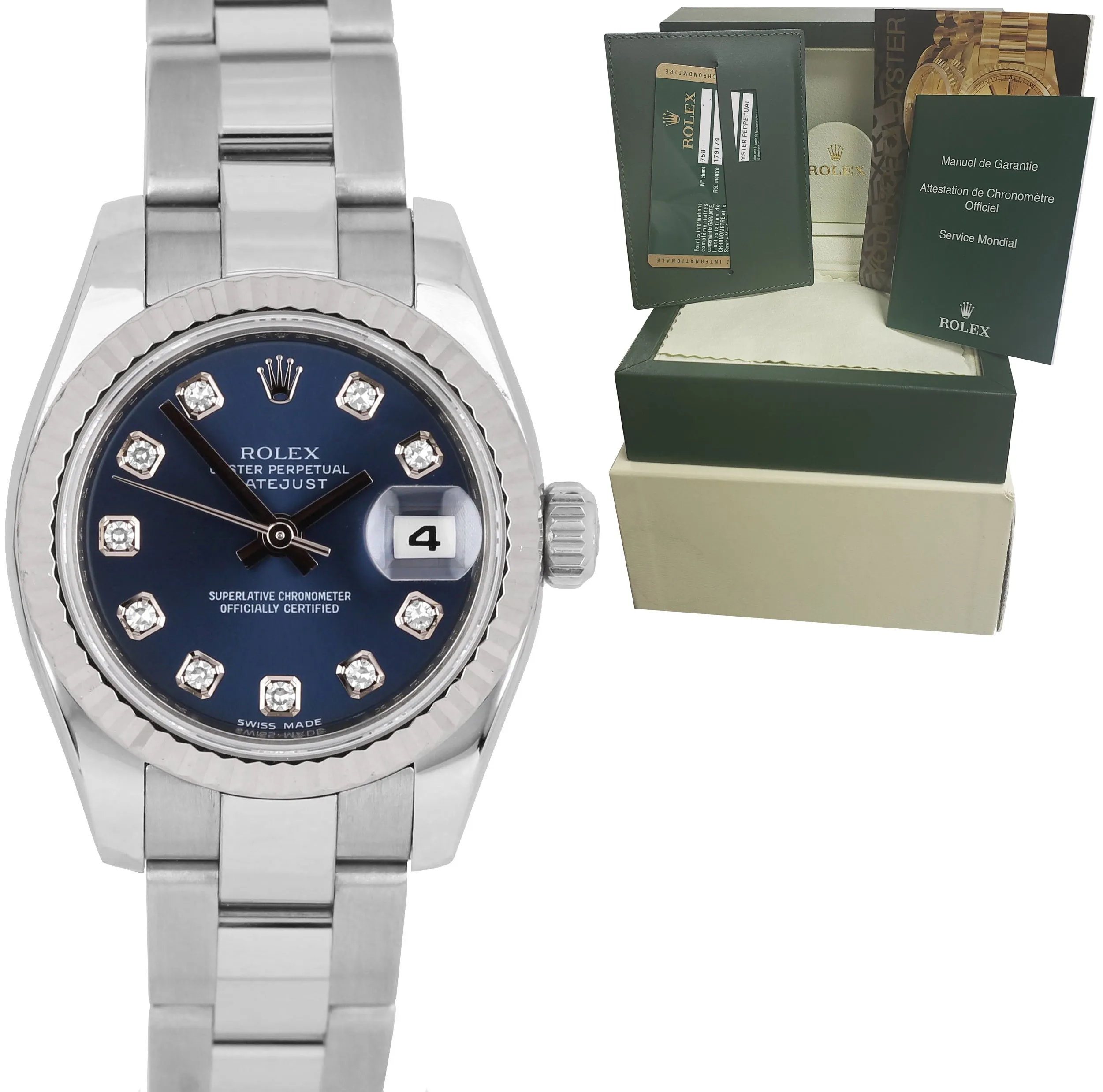 MINT Rolex DateJust 26mm REHAUT Blue Diamond Stainless Steel Date Watch 179174