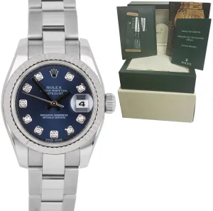 MINT Rolex DateJust 26mm REHAUT Blue Diamond Stainless Steel Date Watch 179174