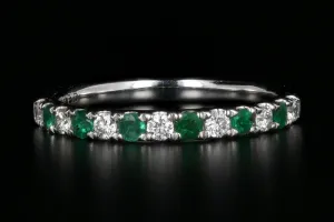Modern 14K White Gold Diamond and Emerald Half Eternity Band