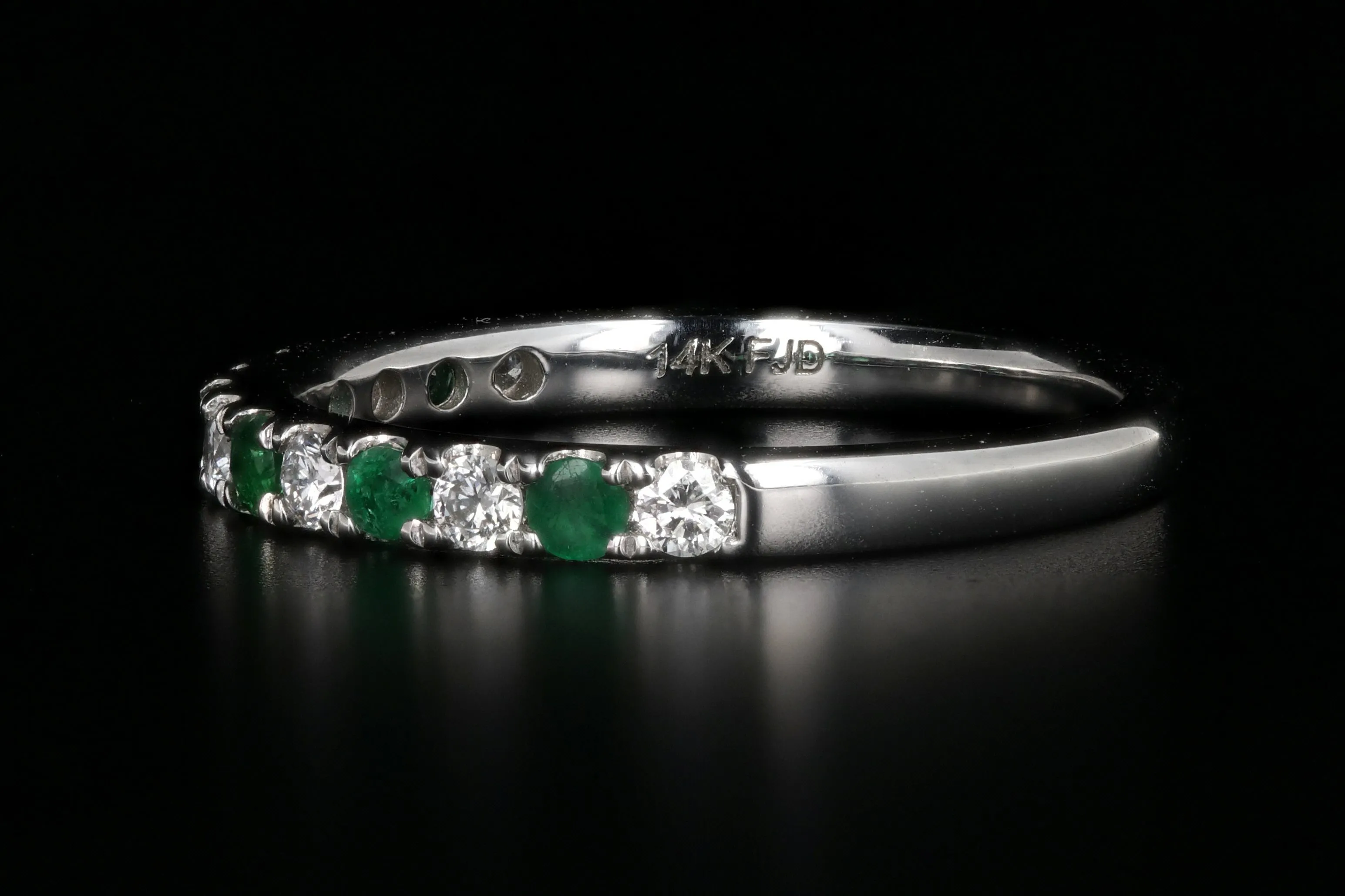 Modern 14K White Gold Diamond and Emerald Half Eternity Band