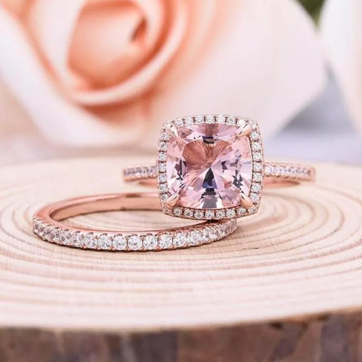 Morganite 5.0 Carat Cushion Cut Wedding Ring Set
