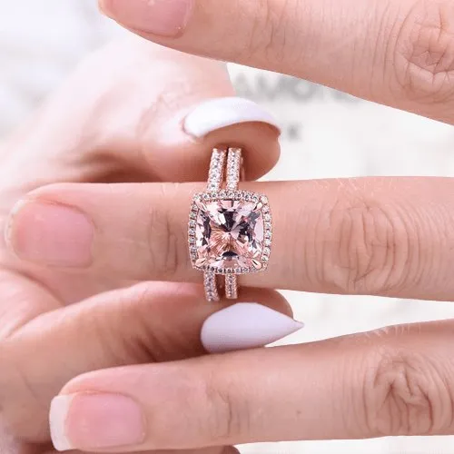 Morganite 5.0 Carat Cushion Cut Wedding Ring Set