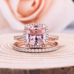 Morganite 5.0 Carat Cushion Cut Wedding Ring Set