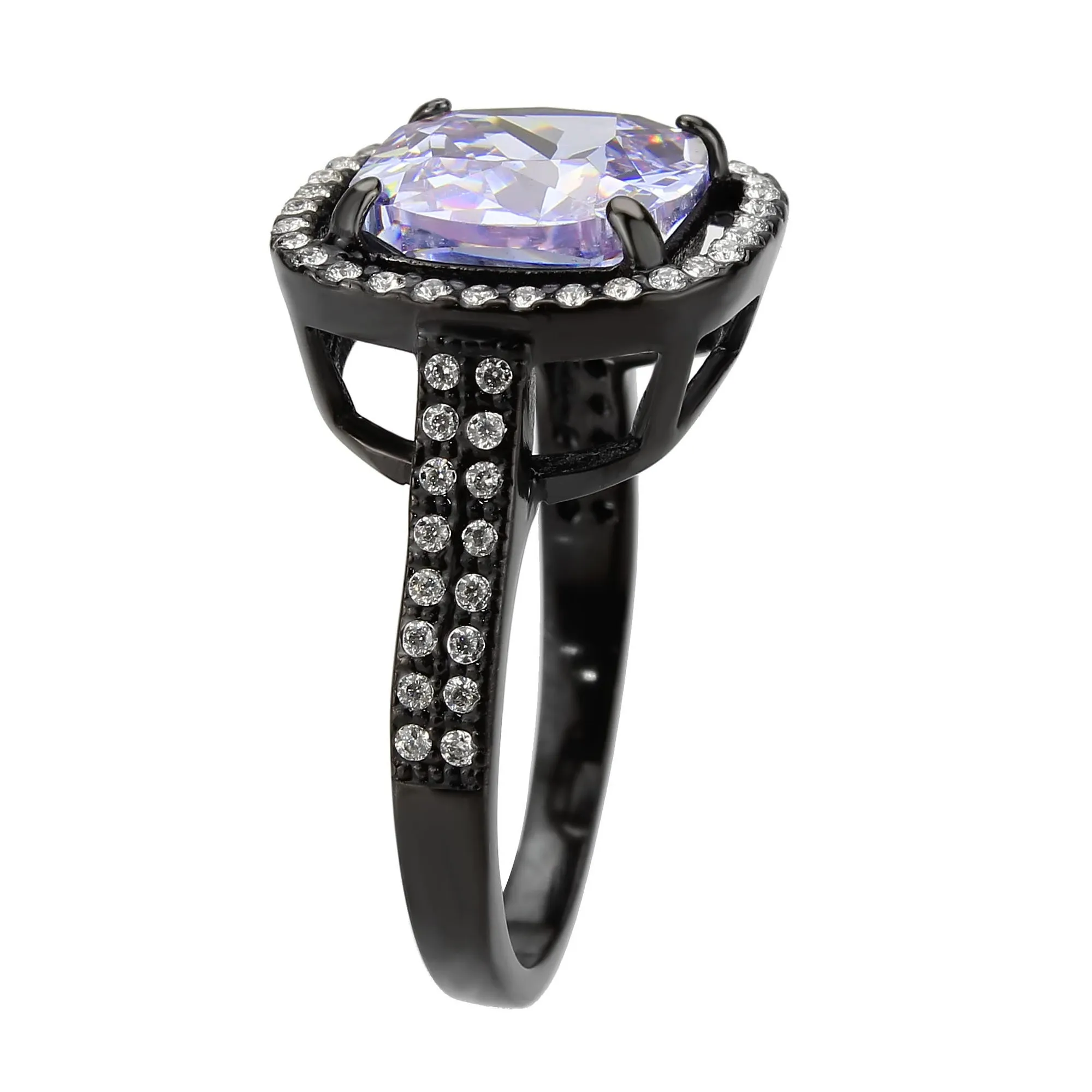 MT4373 - IP Black Stainless Steel Ring with Beautiful Crystals in Light Amethyst -Tanzanite - February Birthstone