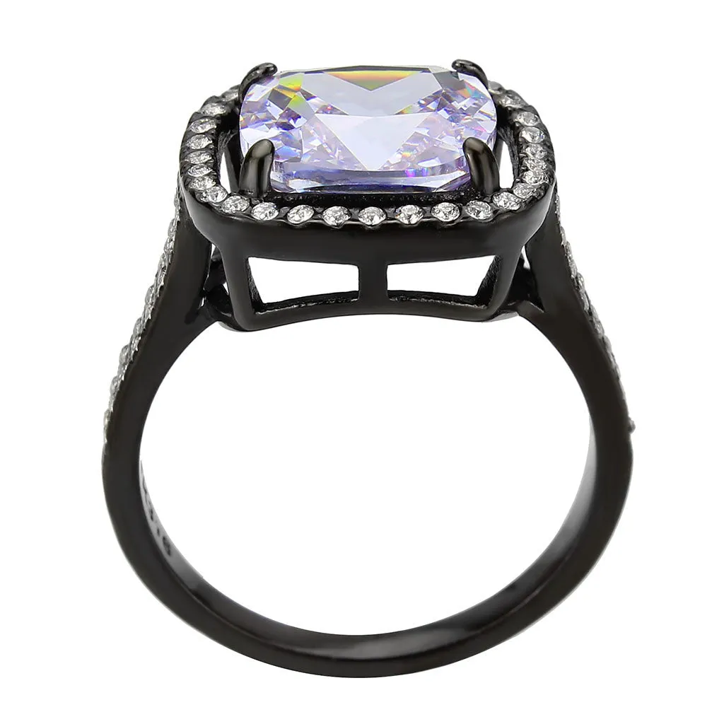 MT4373 - IP Black Stainless Steel Ring with Beautiful Crystals in Light Amethyst -Tanzanite - February Birthstone