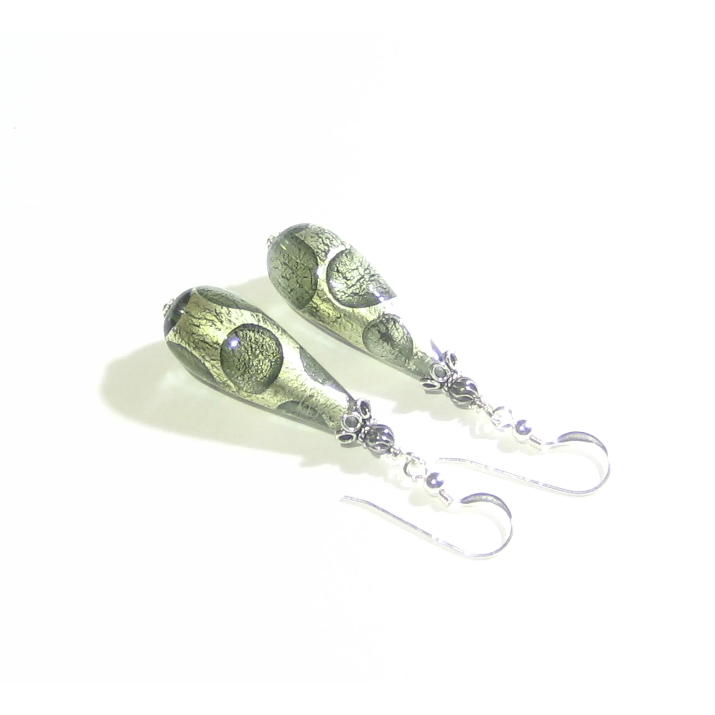 Murano Glass Gray Dot Teardrop Sterling Silver Earrings