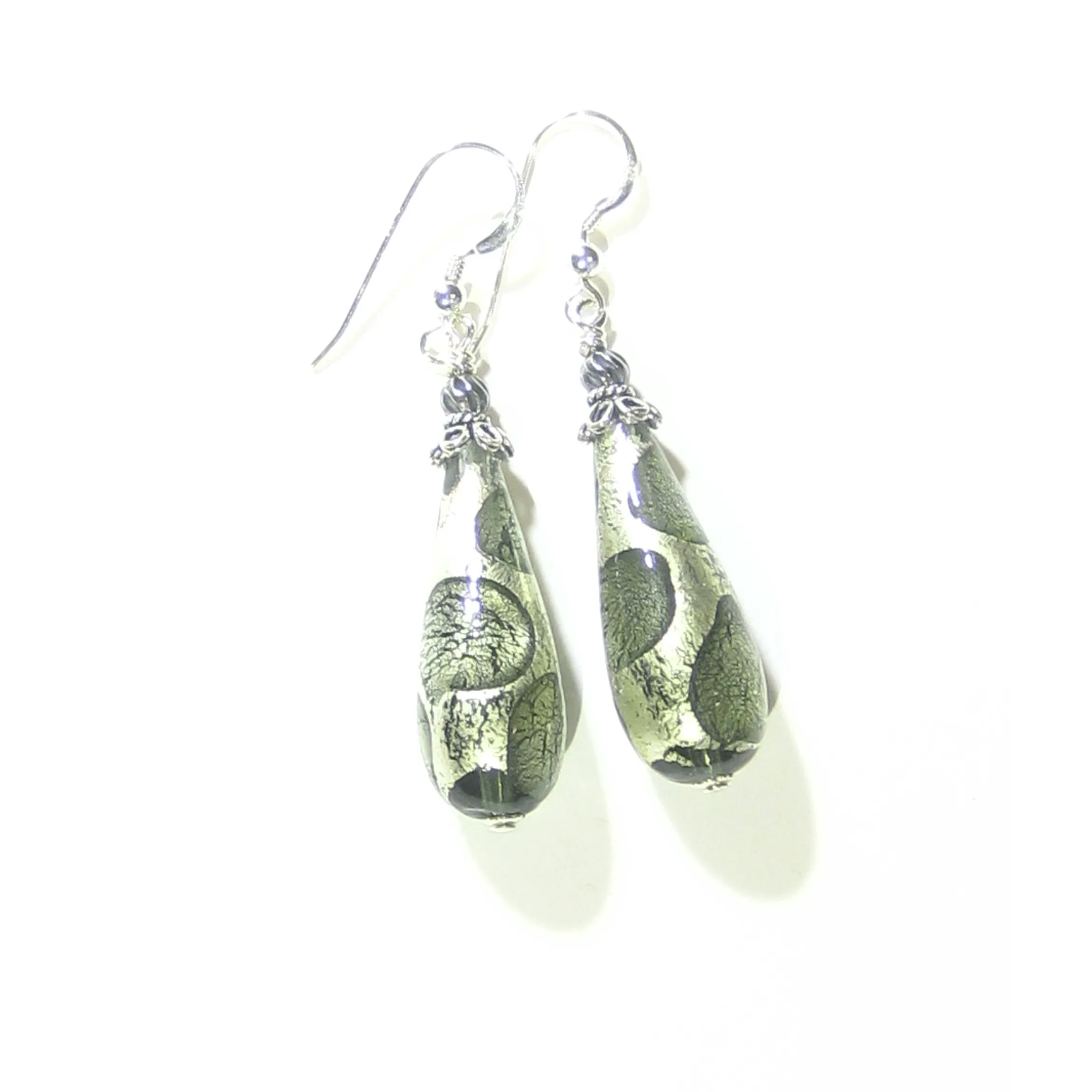 Murano Glass Gray Dot Teardrop Sterling Silver Earrings