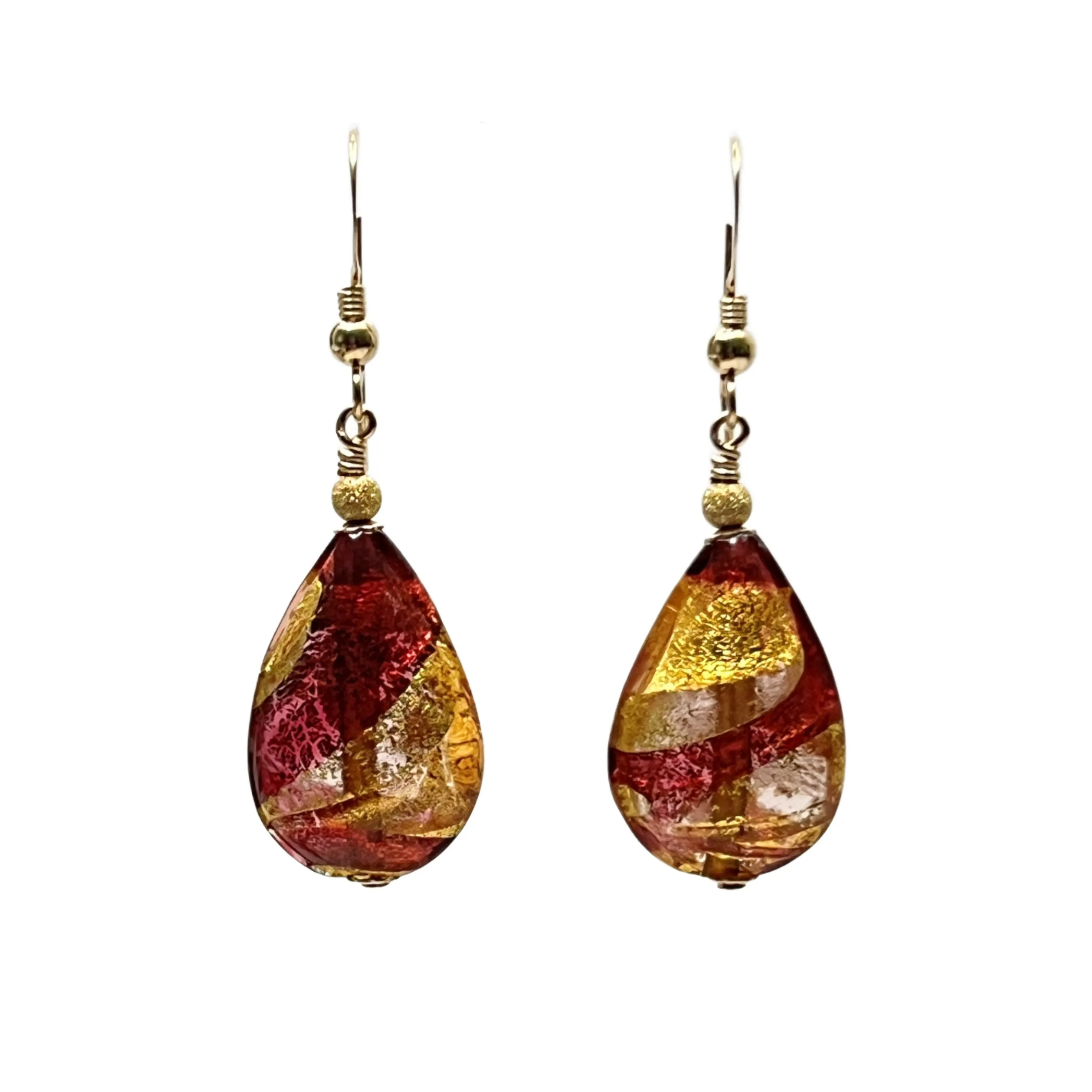 Murano Glass Pink Peach Teardrop Gold Earrings by JKC Murano