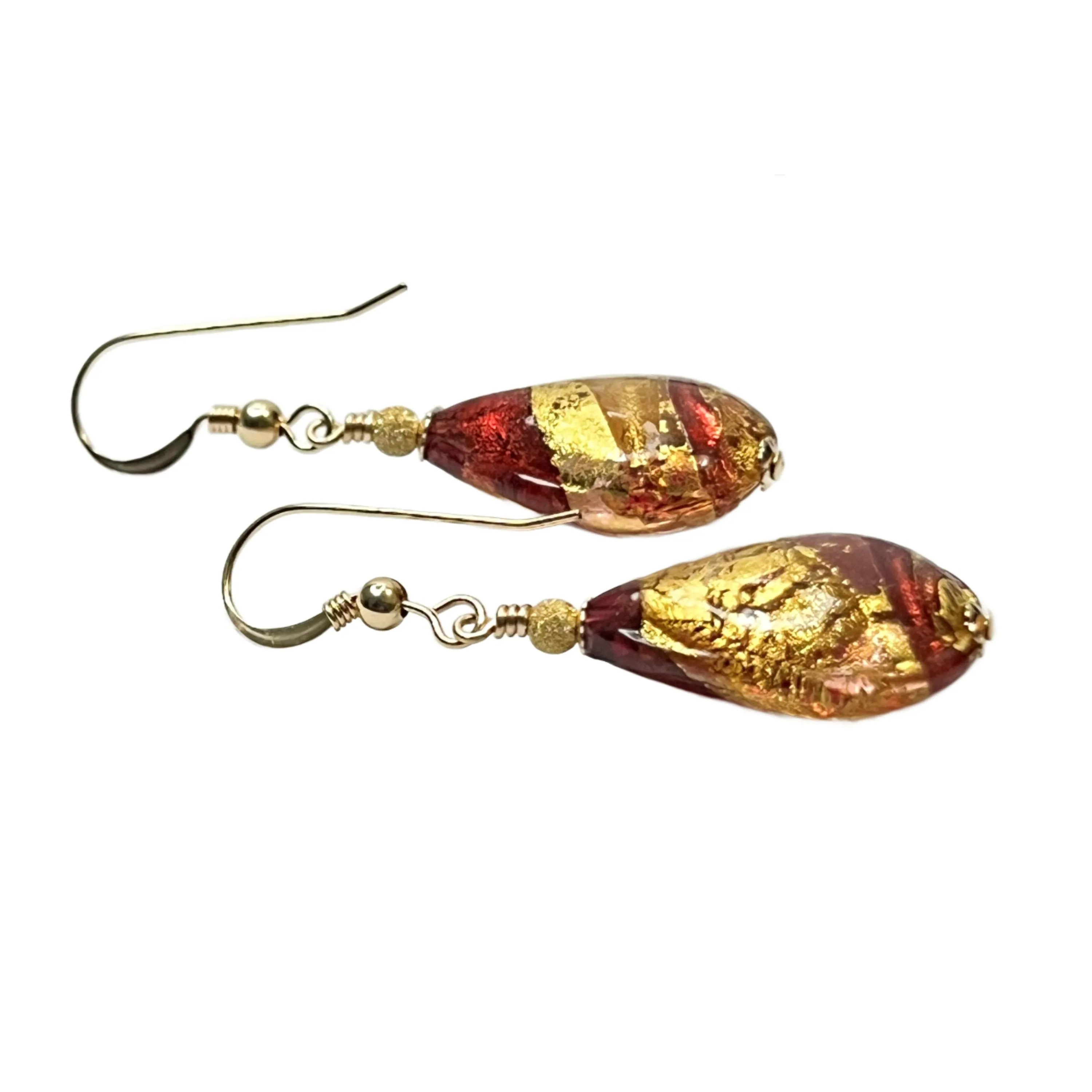 Murano Glass Pink Peach Teardrop Gold Earrings by JKC Murano