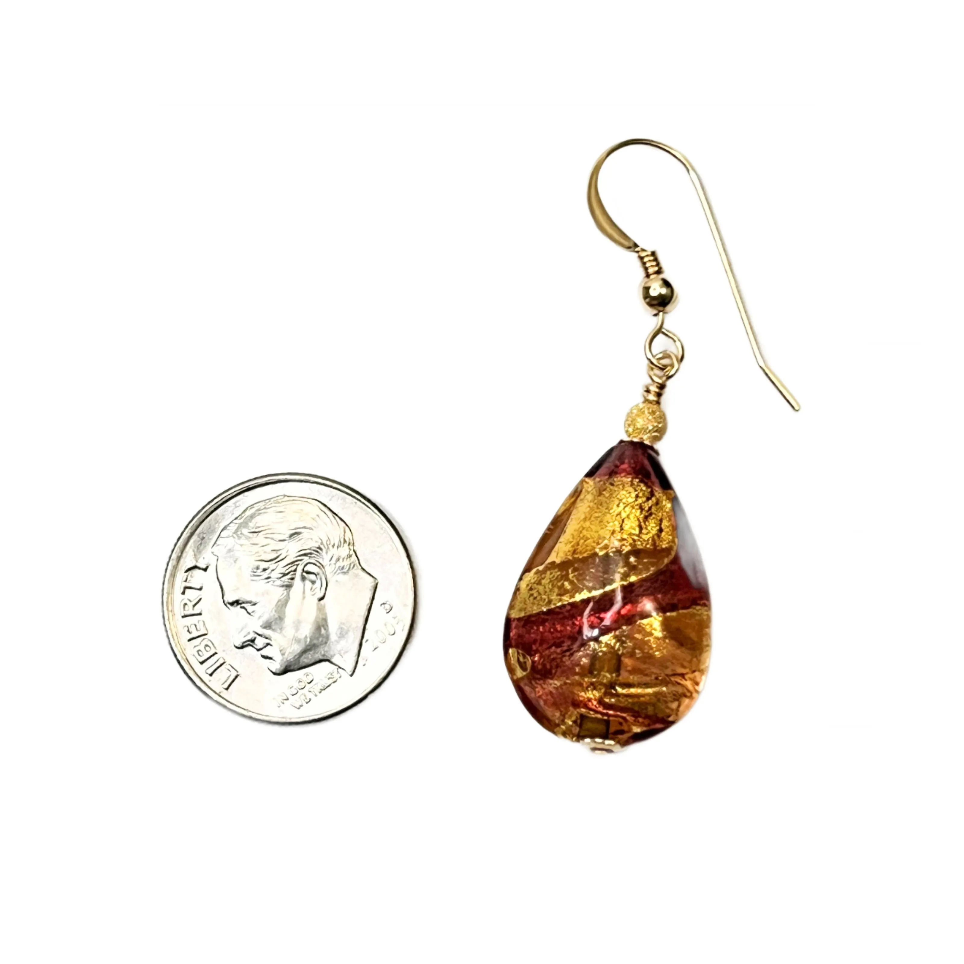 Murano Glass Pink Peach Teardrop Gold Earrings by JKC Murano