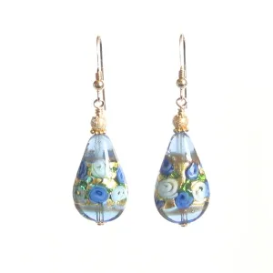 Murano Glass Teardrop Blue Rose Gold Earrings, JKC Murano