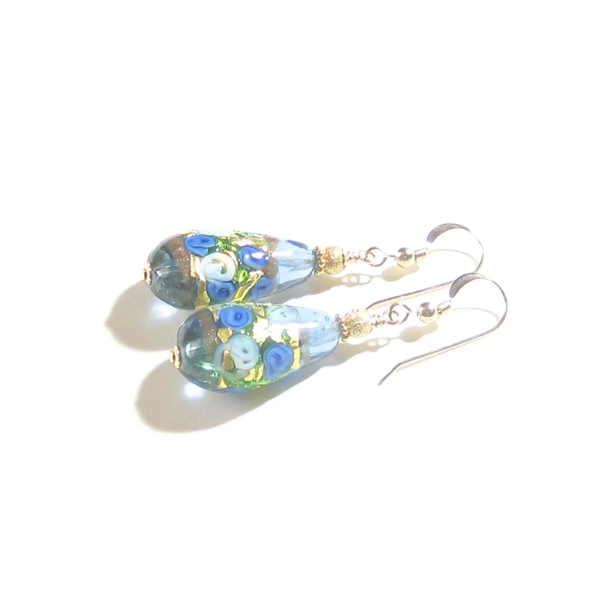 Murano Glass Teardrop Blue Rose Gold Earrings, JKC Murano