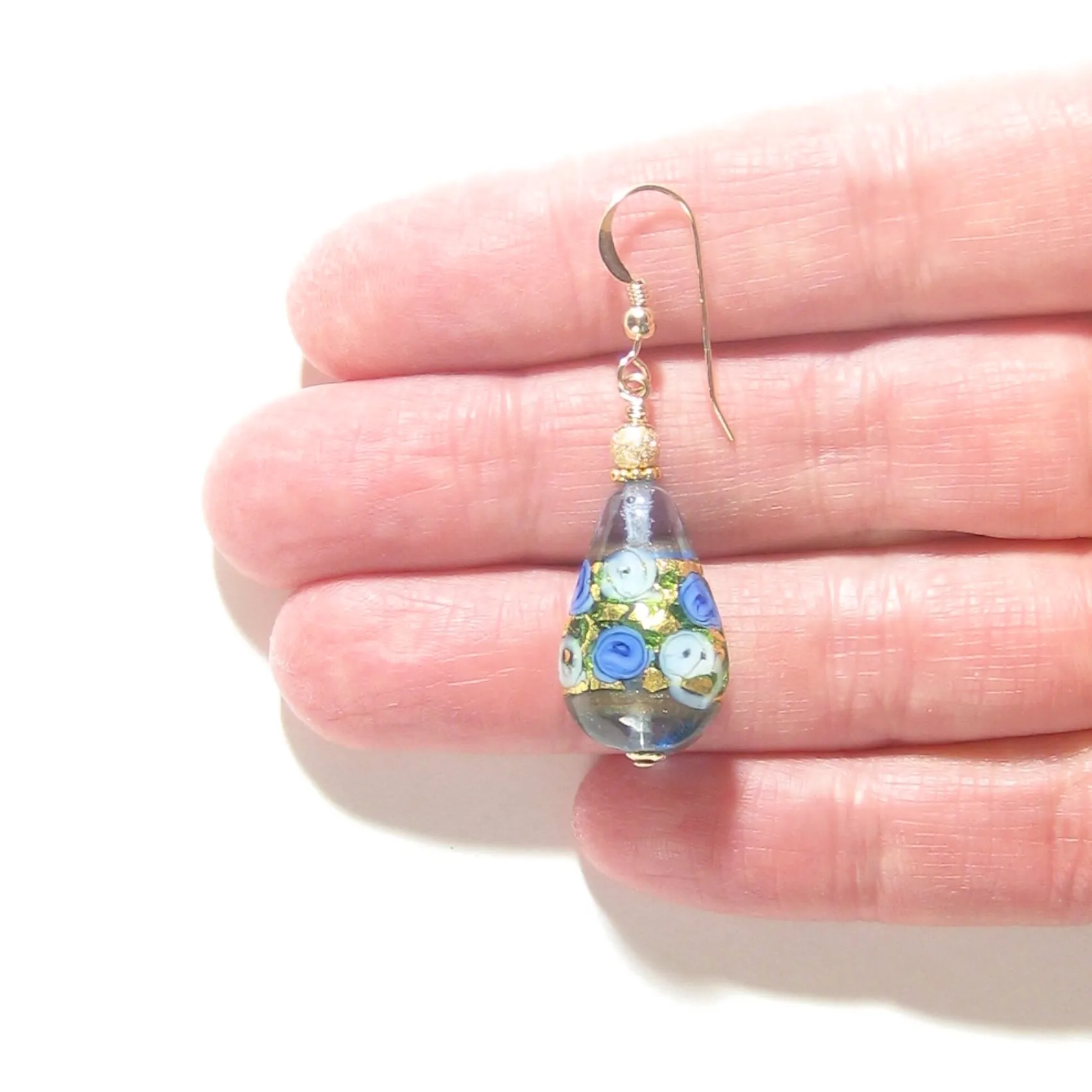 Murano Glass Teardrop Blue Rose Gold Earrings, JKC Murano