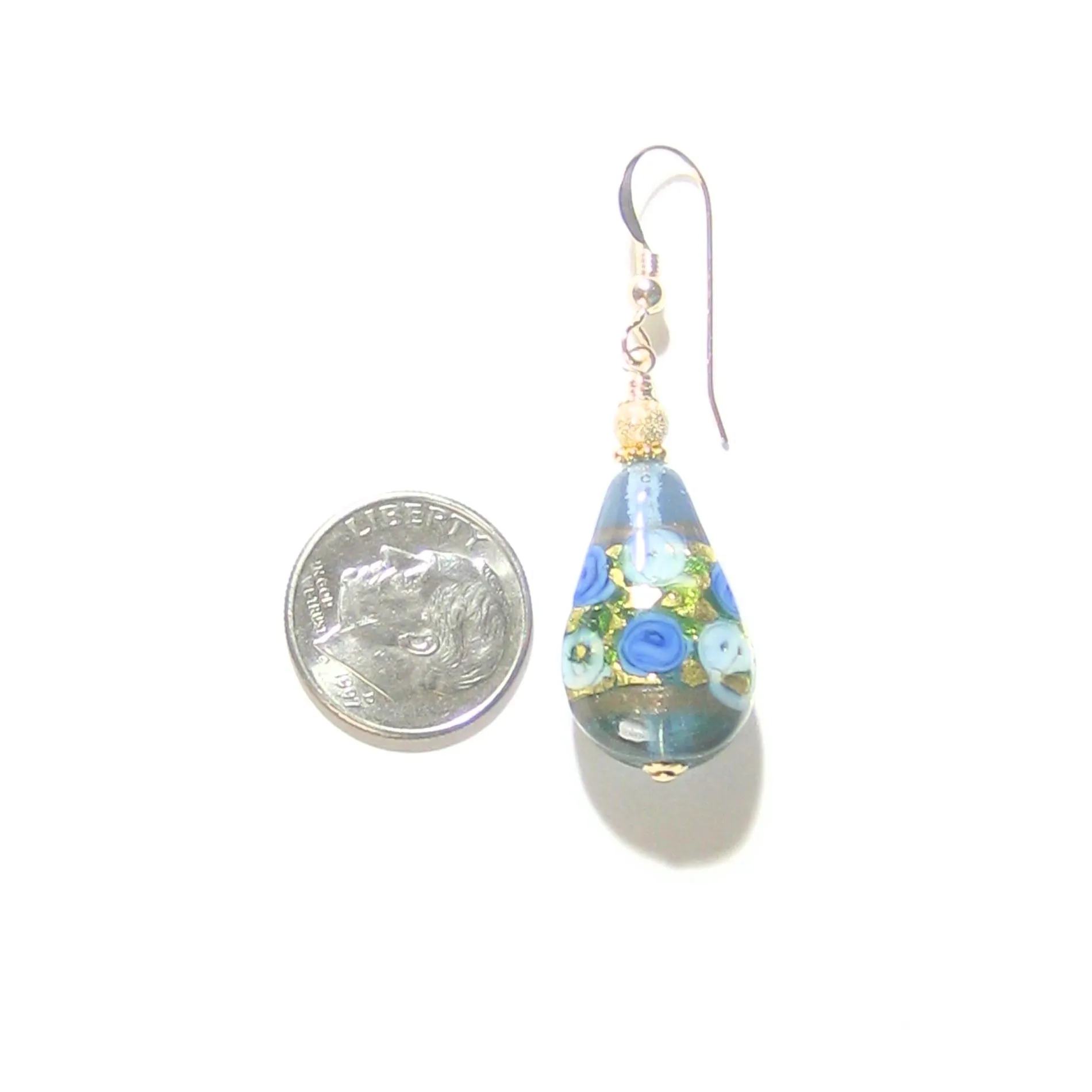 Murano Glass Teardrop Blue Rose Gold Earrings, JKC Murano