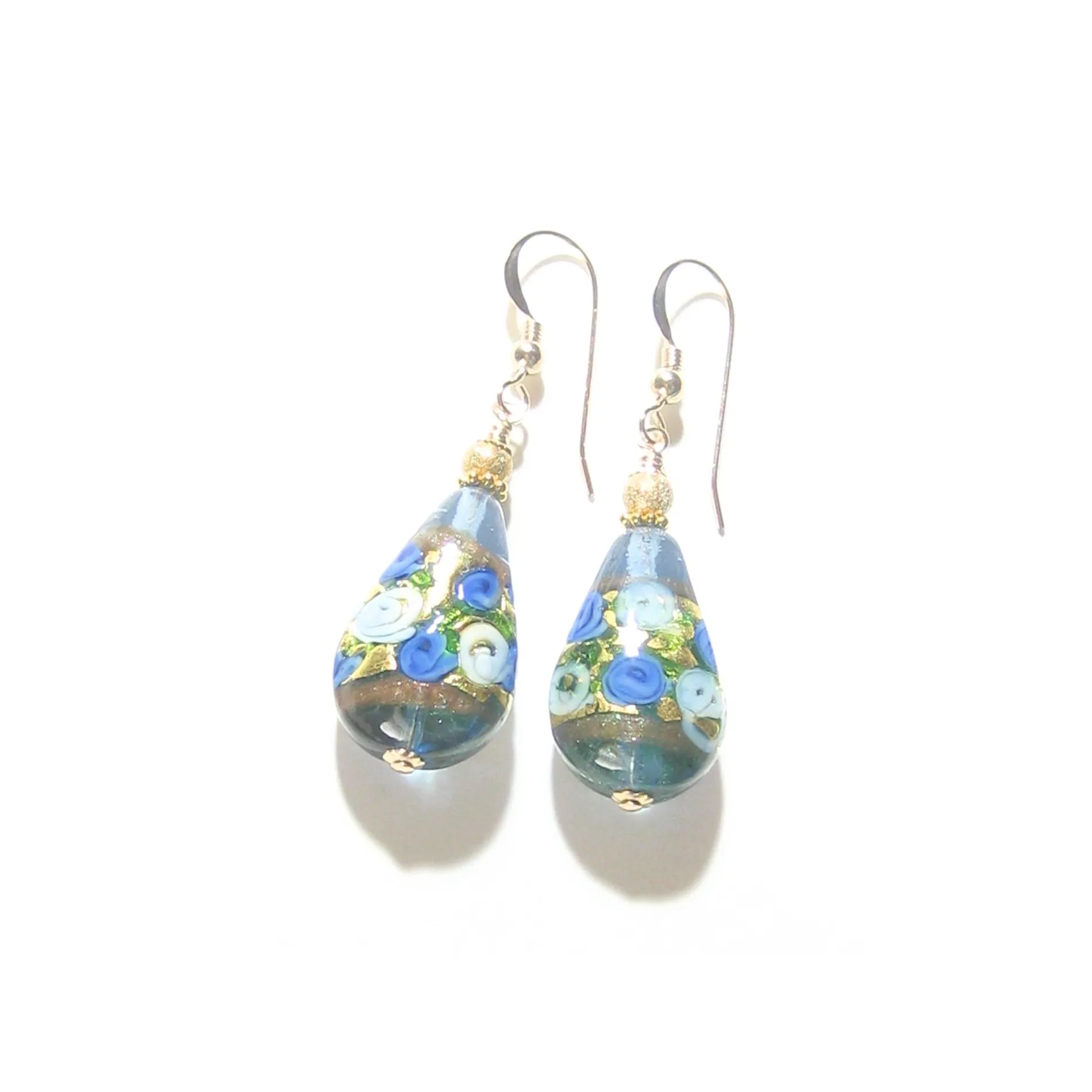 Murano Glass Teardrop Blue Rose Gold Earrings, JKC Murano