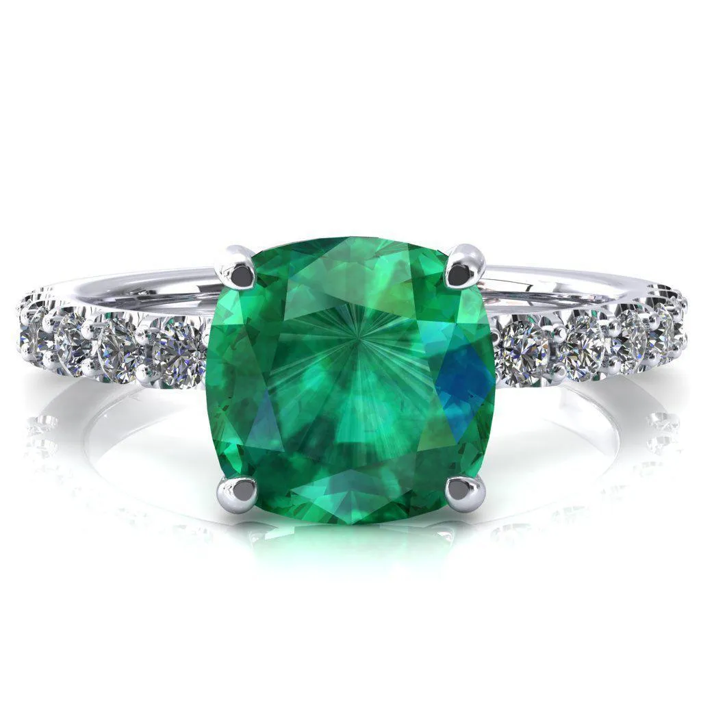 Mylene Cushion Emerald 4 Prong Sculptural Half Eternity Diamond Engagement Ring