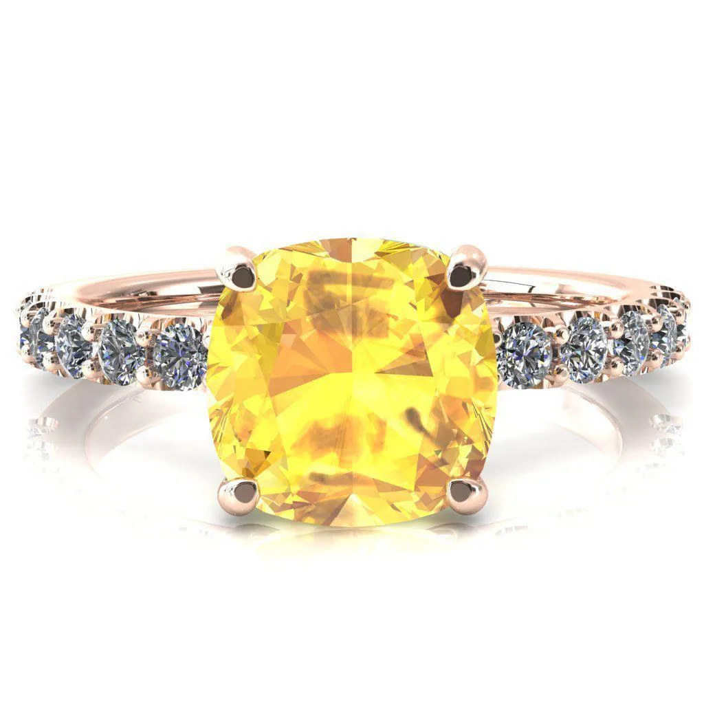 Mylene Cushion Yellow Sapphire 4 Prong Sculptural Half Eternity Diamond Engagement Ring
